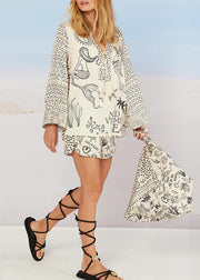 Simple White Oversized Print Ice Silk Two Pieces Set Summer