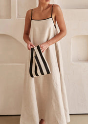 Simple White Patchwork Long Spaghetti Strap Dress Sleeveless
