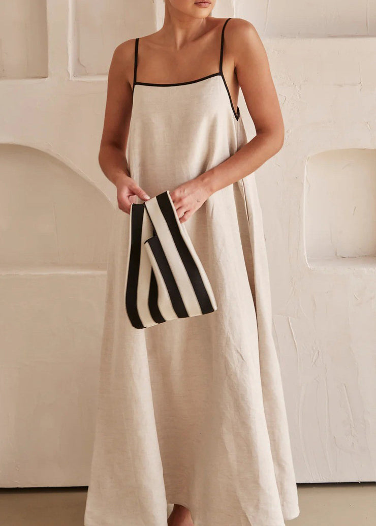 Simple White Patchwork Long Spaghetti Strap Dress Sleeveless