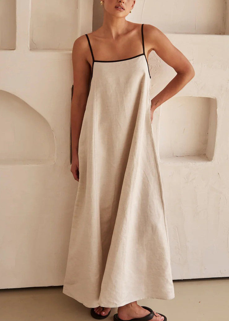 Simple White Patchwork Long Spaghetti Strap Dress Sleeveless
