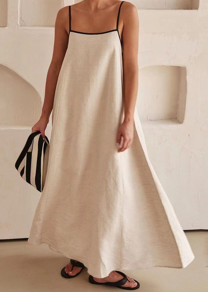 Simple White Patchwork Long Spaghetti Strap Dress Sleeveless