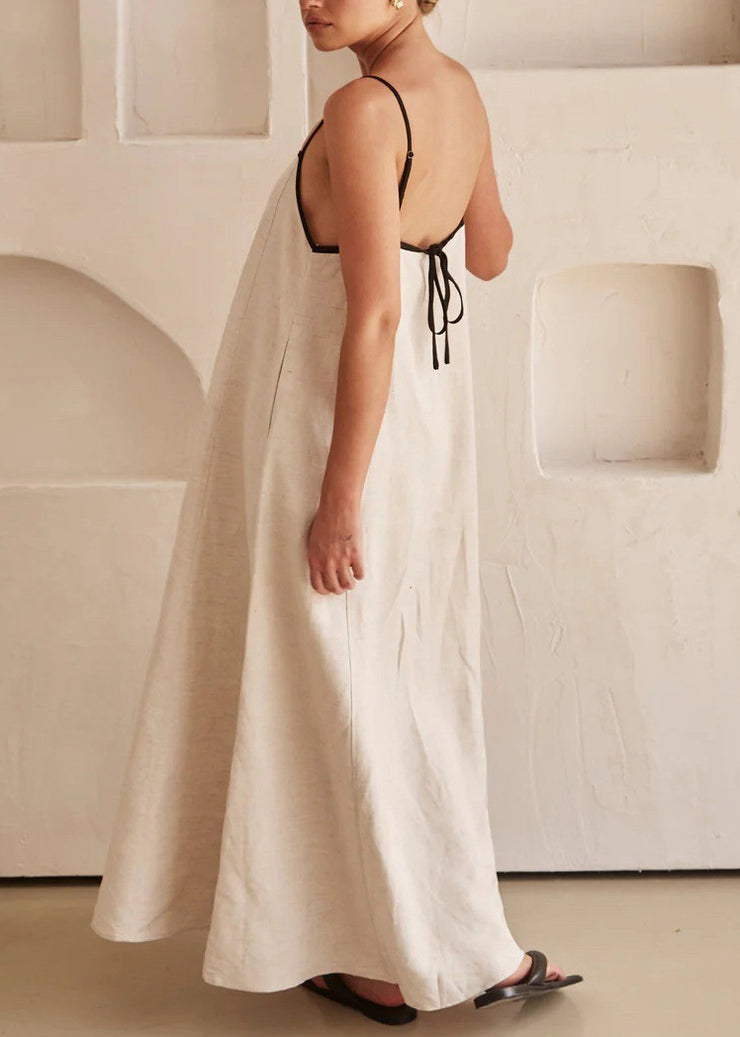 Simple White Patchwork Long Spaghetti Strap Dress Sleeveless