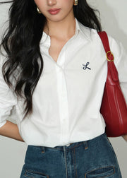 Simple White Peter Pan Collar Embroidered Cotton Top Fall