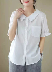 Simple White Peter Pan Collar Pocket Cotton Shirts Summer