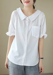 Simple White Peter Pan Collar Pocket Cotton Shirts Summer