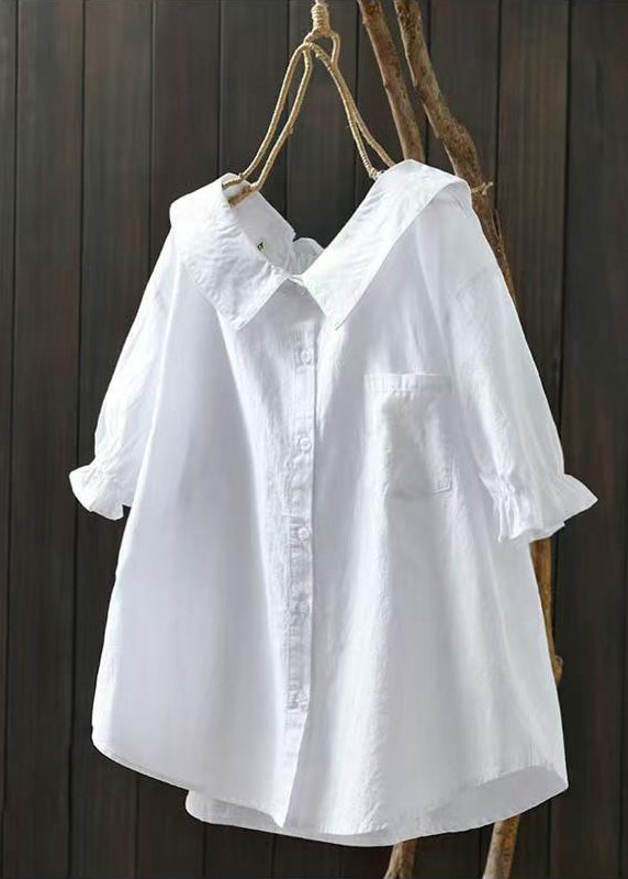 Simple White Peter Pan Collar Pocket Cotton Shirts Summer