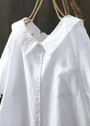 Simple White Peter Pan Collar Pocket Cotton Shirts Summer