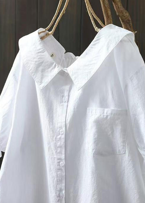 Simple White Peter Pan Collar Pocket Cotton Shirts Summer