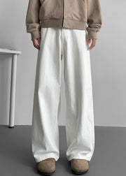 Simple White Pockets Solid Denim Mens Wide Leg Pants Fall