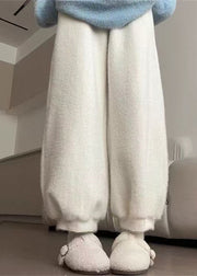 Simple White Pockets Solid Mink Hair Knitted Lantern Crop Pants Winter