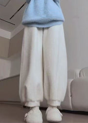 Simple White Pockets Solid Mink Hair Knitted Lantern Crop Pants Winter
