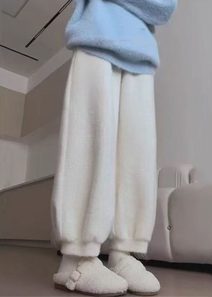 Simple White Pockets Solid Mink Hair Knitted Lantern Crop Pants Winter