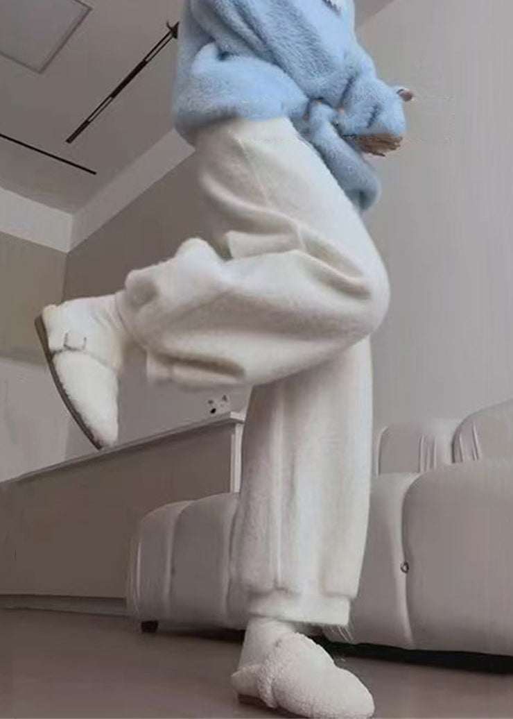 Simple White Pockets Solid Mink Hair Knitted Lantern Crop Pants Winter