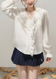 Simple White Ruffled Patchwork Cotton Shirts Fall