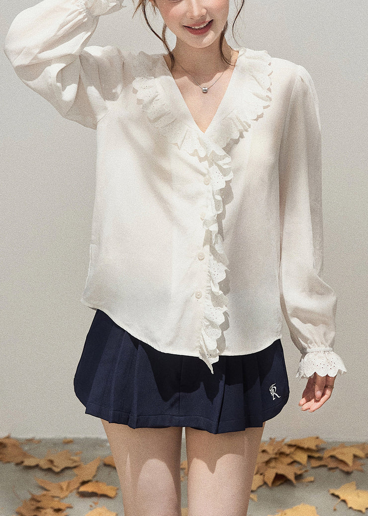 Simple White Ruffled Patchwork Cotton Shirts Fall