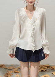 Simple White Ruffled Patchwork Cotton Shirts Fall