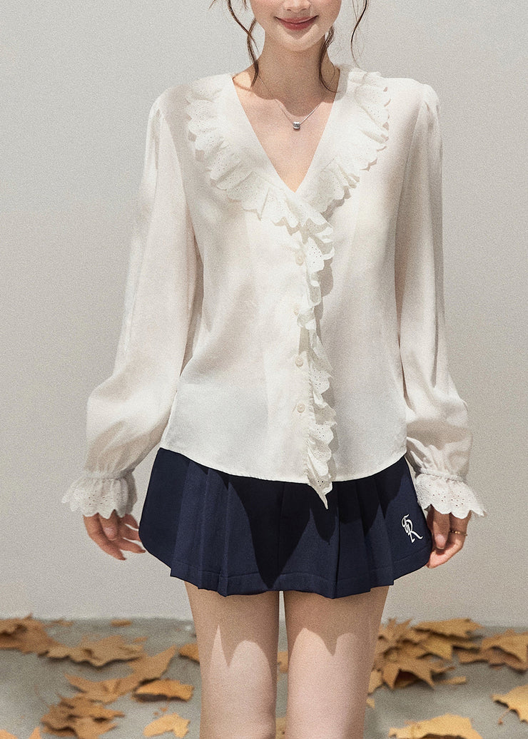 Simple White Ruffled Patchwork Cotton Shirts Fall