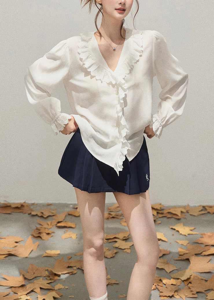 Simple White Ruffled Patchwork Cotton Shirts Fall