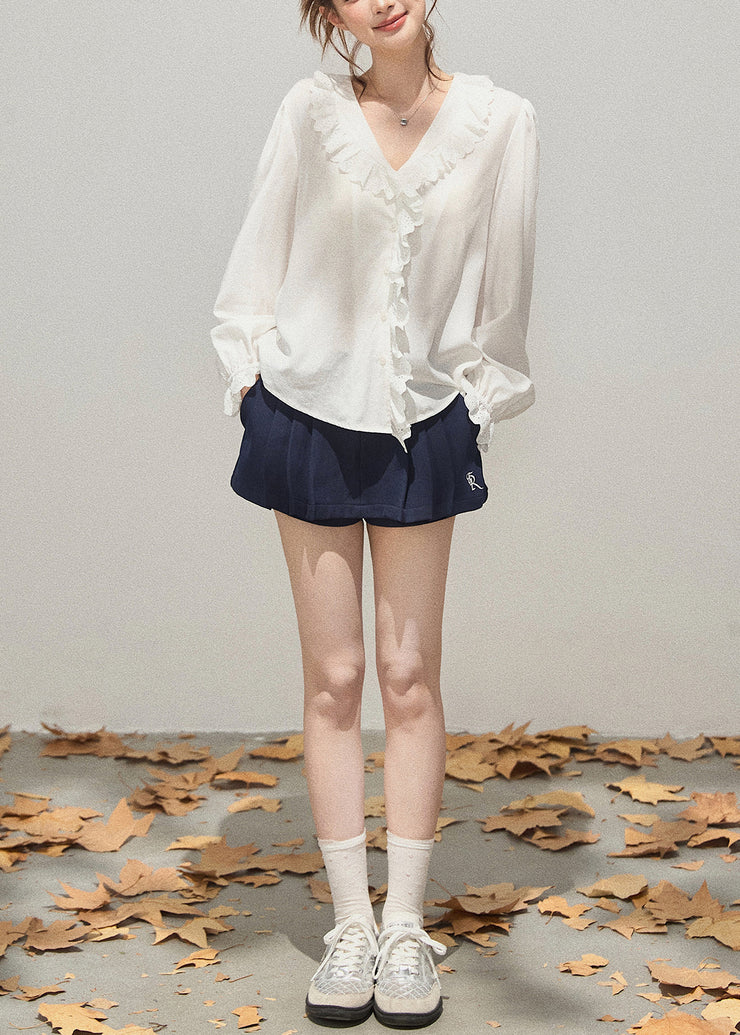 Simple White Ruffled Patchwork Cotton Shirts Fall