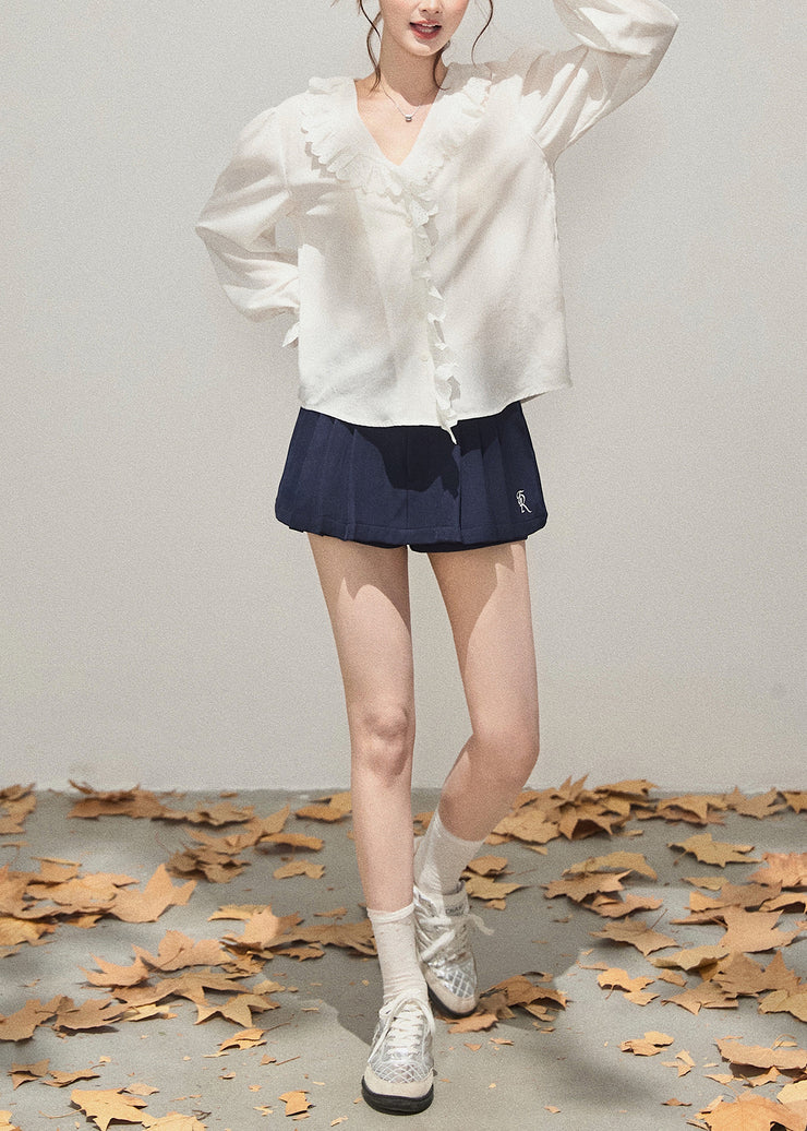 Simple White Ruffled Patchwork Cotton Shirts Fall