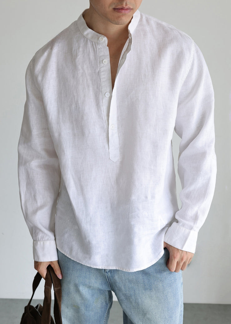 Simple White Stand Collar Button Linen Men&