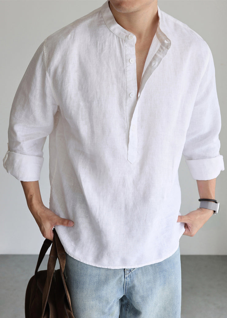 Simple White Stand Collar Button Linen Men&
