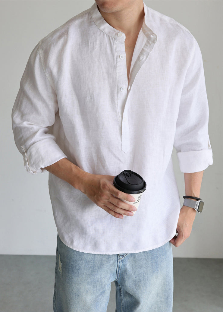 Simple White Stand Collar Button Linen Men&
