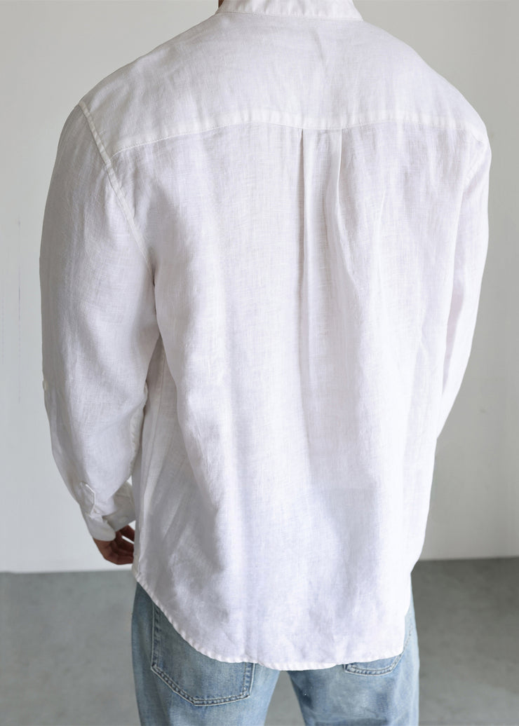 Simple White Stand Collar Button Linen Men&