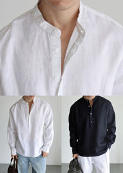 Simple White Stand Collar Button Linen Men's Shirts Fall