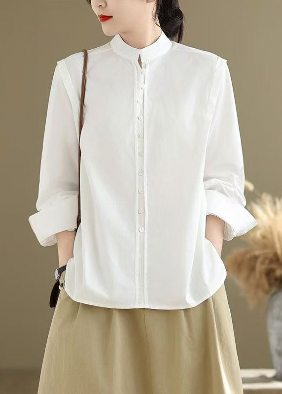 Simple White Stand Collar Button Solid Cotton Shirts Spring