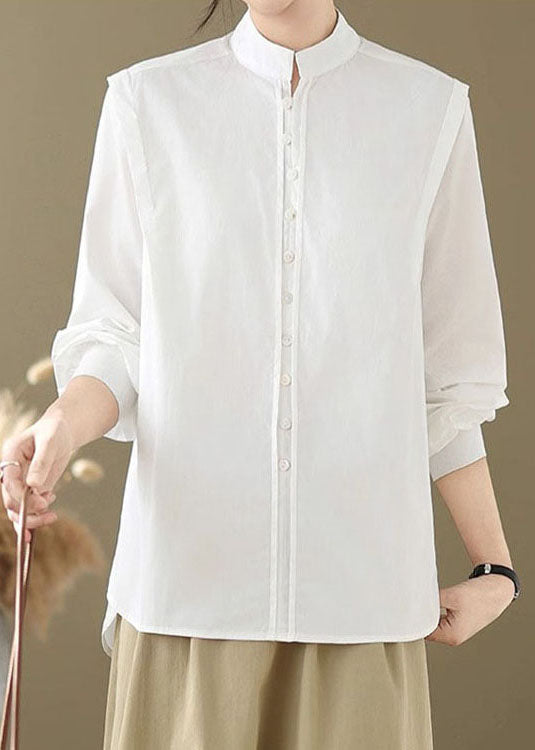 Simple White Stand Collar Button Solid Cotton Shirts Spring