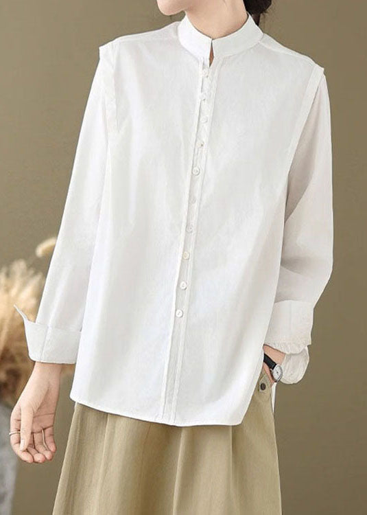 Simple White Stand Collar Button Solid Cotton Shirts Spring