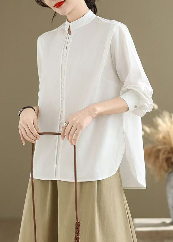 Simple White Stand Collar Button Solid Cotton Shirts Spring
