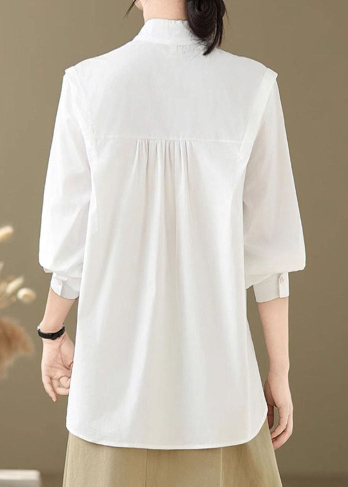 Simple White Stand Collar Button Solid Cotton Shirts Spring