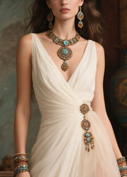 Simple White Tasseled Side Open Tulle Vestidos Dress Summer