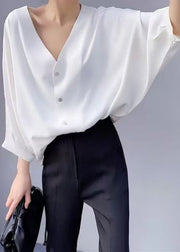 Simple White V Neck Button Chiffon Blouses Batwing Sleeve