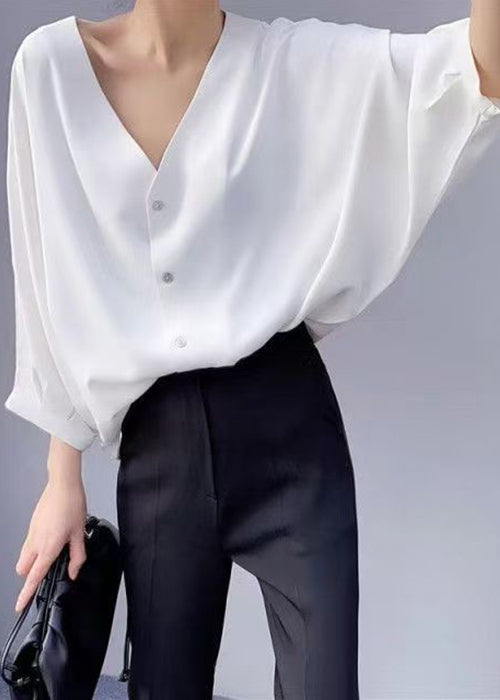 Simple White V Neck Button Chiffon Blouses Batwing Sleeve