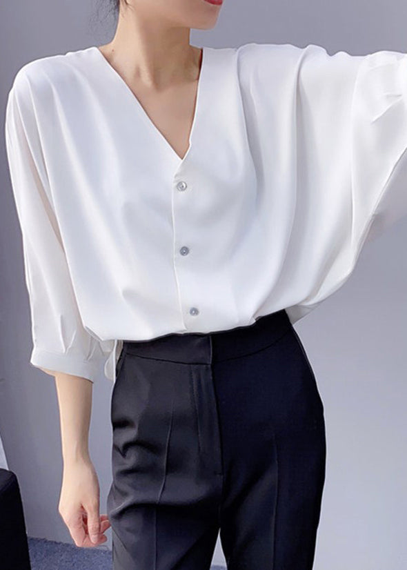 Simple White V Neck Button Chiffon Blouses Batwing Sleeve