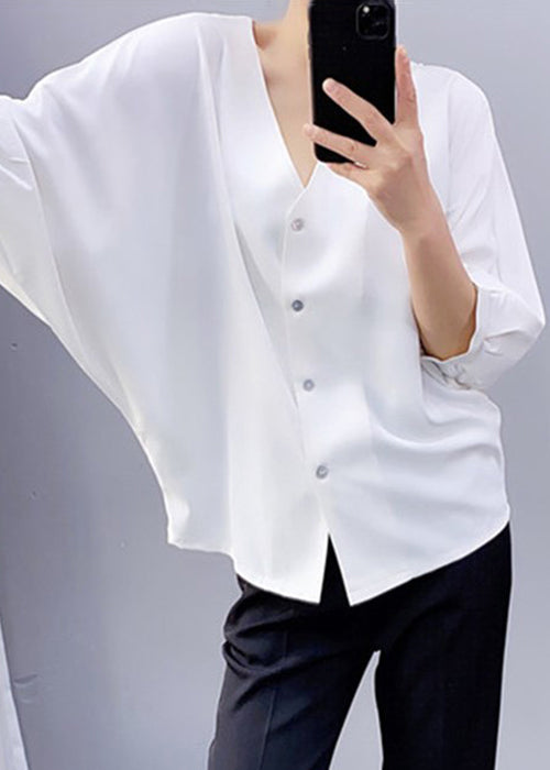 Simple White V Neck Button Chiffon Blouses Batwing Sleeve