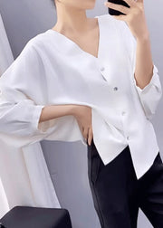 Simple White V Neck Button Chiffon Blouses Batwing Sleeve