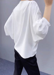 Simple White V Neck Button Chiffon Blouses Batwing Sleeve