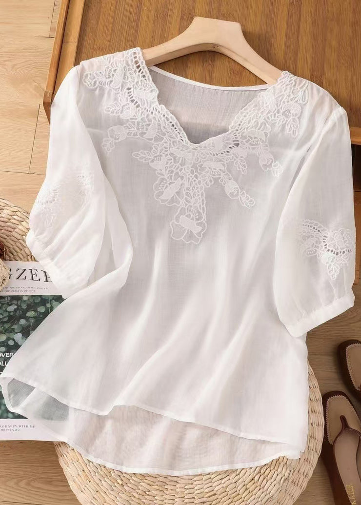 Simple White V Neck Embroidered Cotton Tops Summer