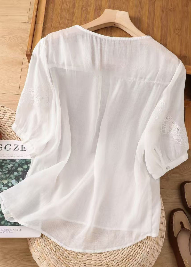 Simple White V Neck Embroidered Cotton Tops Summer