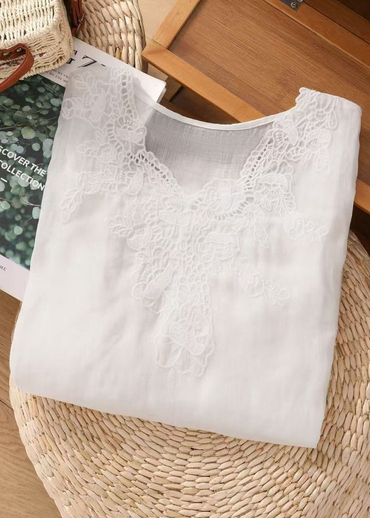 Simple White V Neck Embroidered Cotton Tops Summer