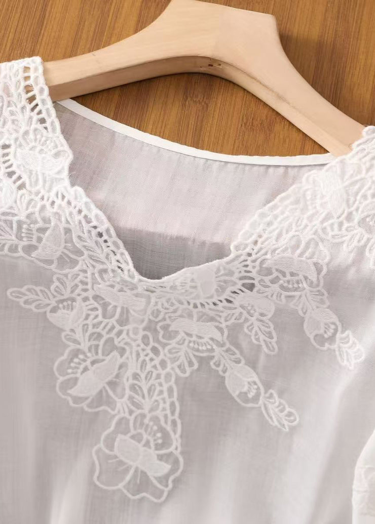 Simple White V Neck Embroidered Cotton Tops Summer