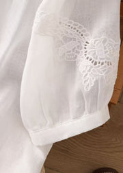 Simple White V Neck Embroidered Cotton Tops Summer