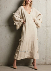 Simple White V Neck Patchwork Fuzzy Ball Decorated Maxi Dress Flare Sleeve