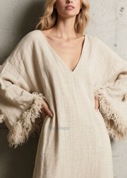 Simple White V Neck Patchwork Fuzzy Ball Decorated Maxi Dress Flare Sleeve