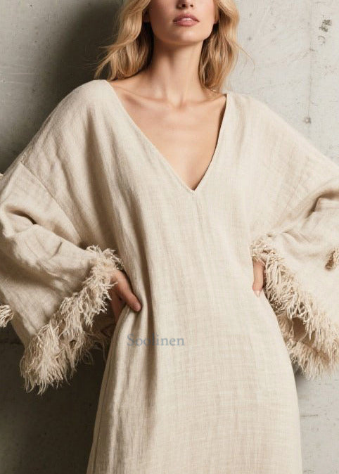 Simple White V Neck Patchwork Fuzzy Ball Decorated Maxi Dress Flare Sleeve