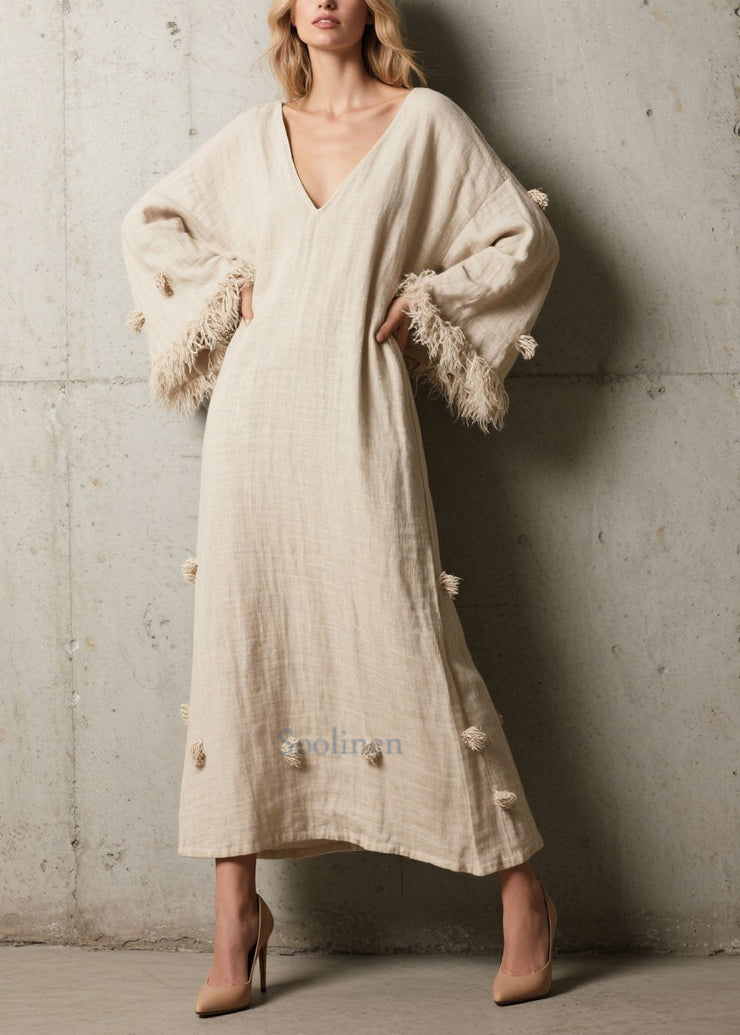 Simple White V Neck Patchwork Fuzzy Ball Decorated Maxi Dress Flare Sleeve